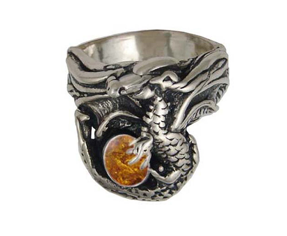 Sterling Silver Dragon Ring With Amber Size 14